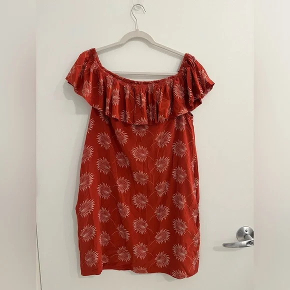 Madewell 100% Silk Red Palmflower Pattern Off The Shoulder Dress, Size L - Picture 2 of 6
